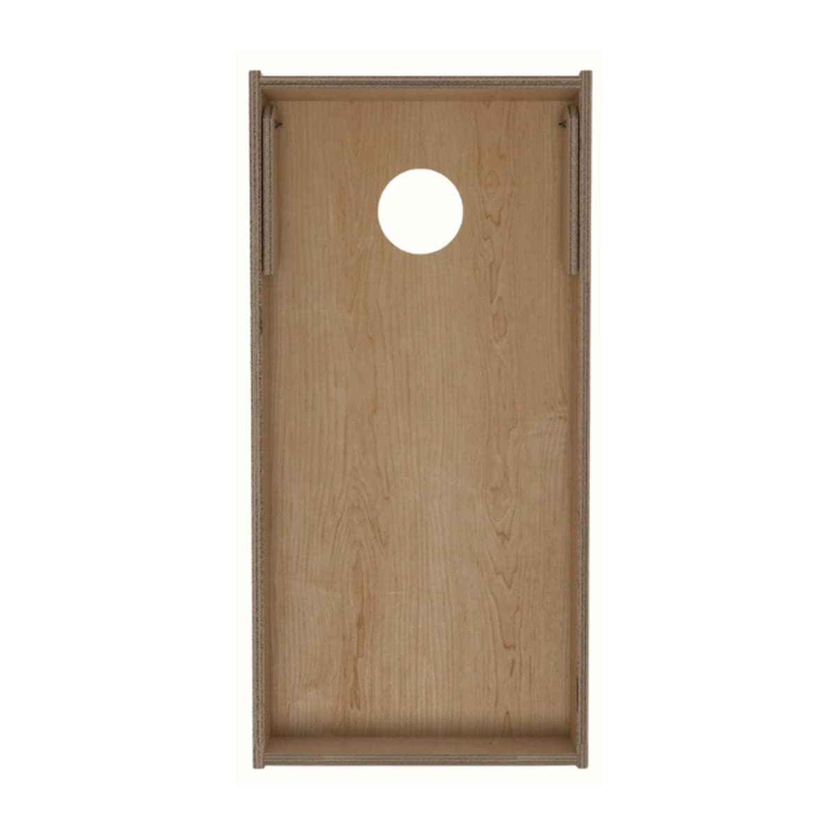 Underside of a backyard solid wood cornhole board showing the frame, folded wooden legs, and a 6-inch hole