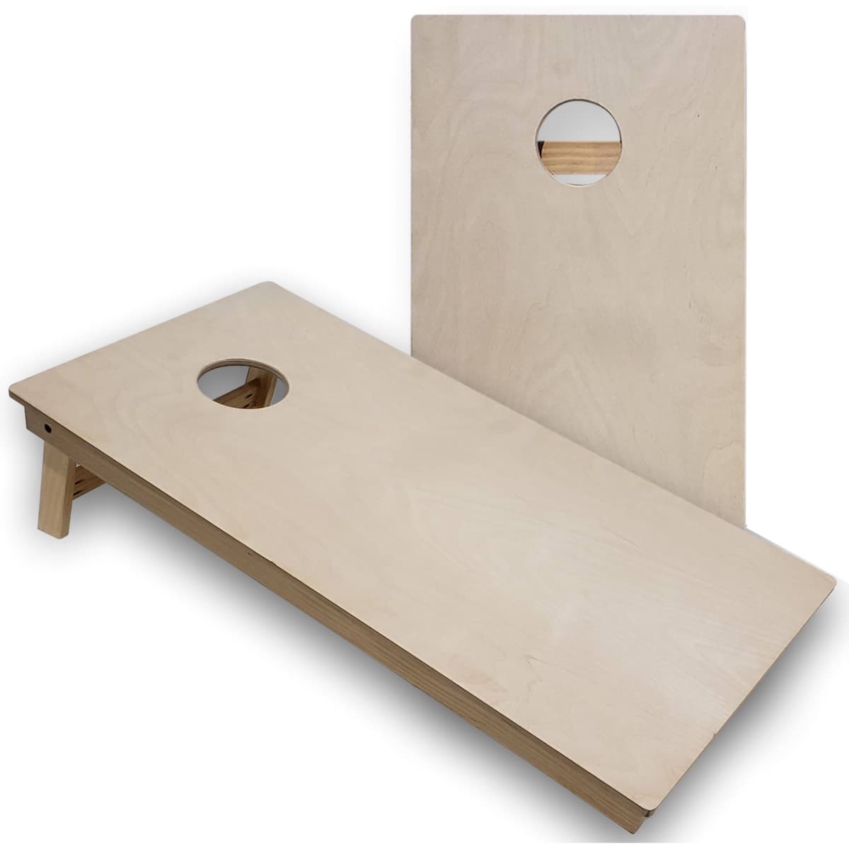Pair of unfinished regulation cornhole boards with a plain sanded plywood playing surface, one standing and one set up for play