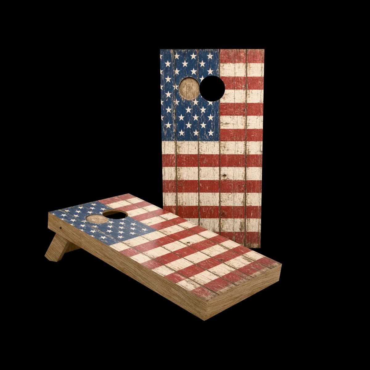 Studio render of a regulation cornhole set with a barn flag printed artwork face, one board standing and one set up for play
