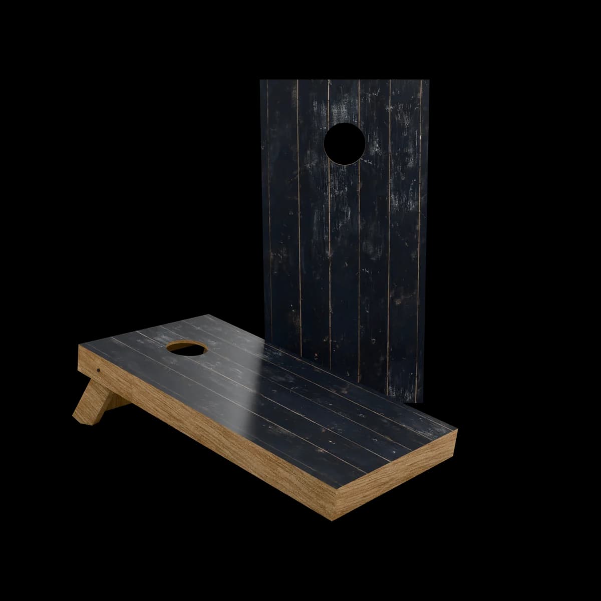 Studio render of a regulation cornhole set with a black painted planks printed playing surface, one board standing and one set up for play