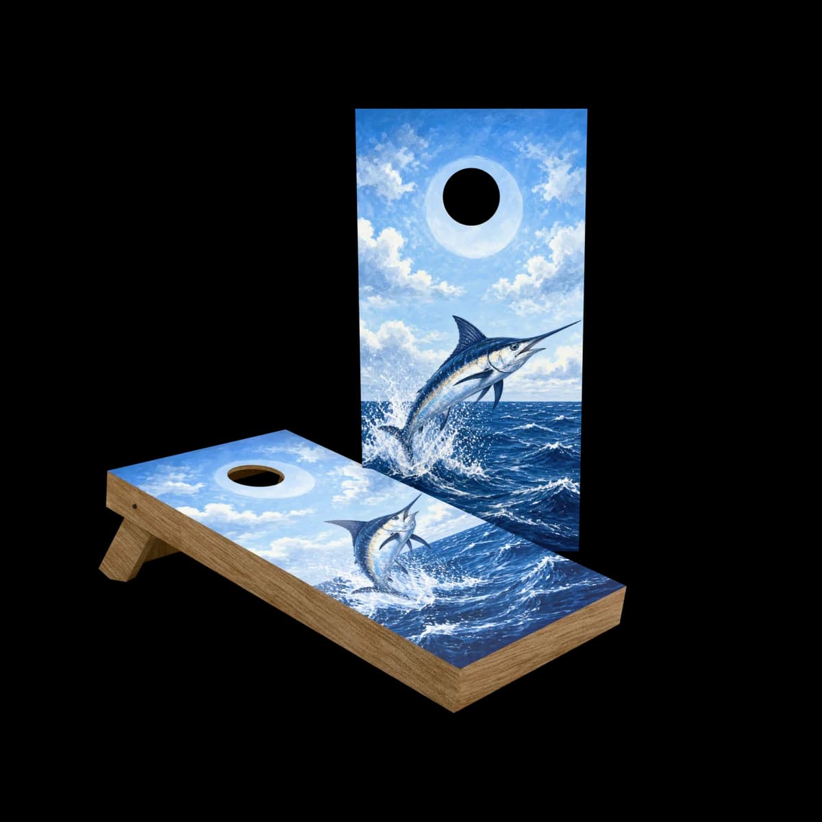 Studio render of a backyard cornhole set with a blue marlin printed artwork face, one board standing and one set up for play