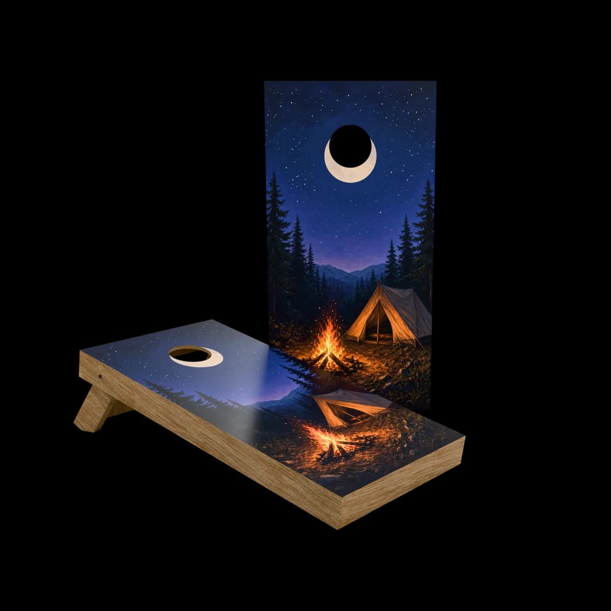 Studio render of a regulation cornhole set with a campfire pines printed artwork face, one board standing and one set up for play