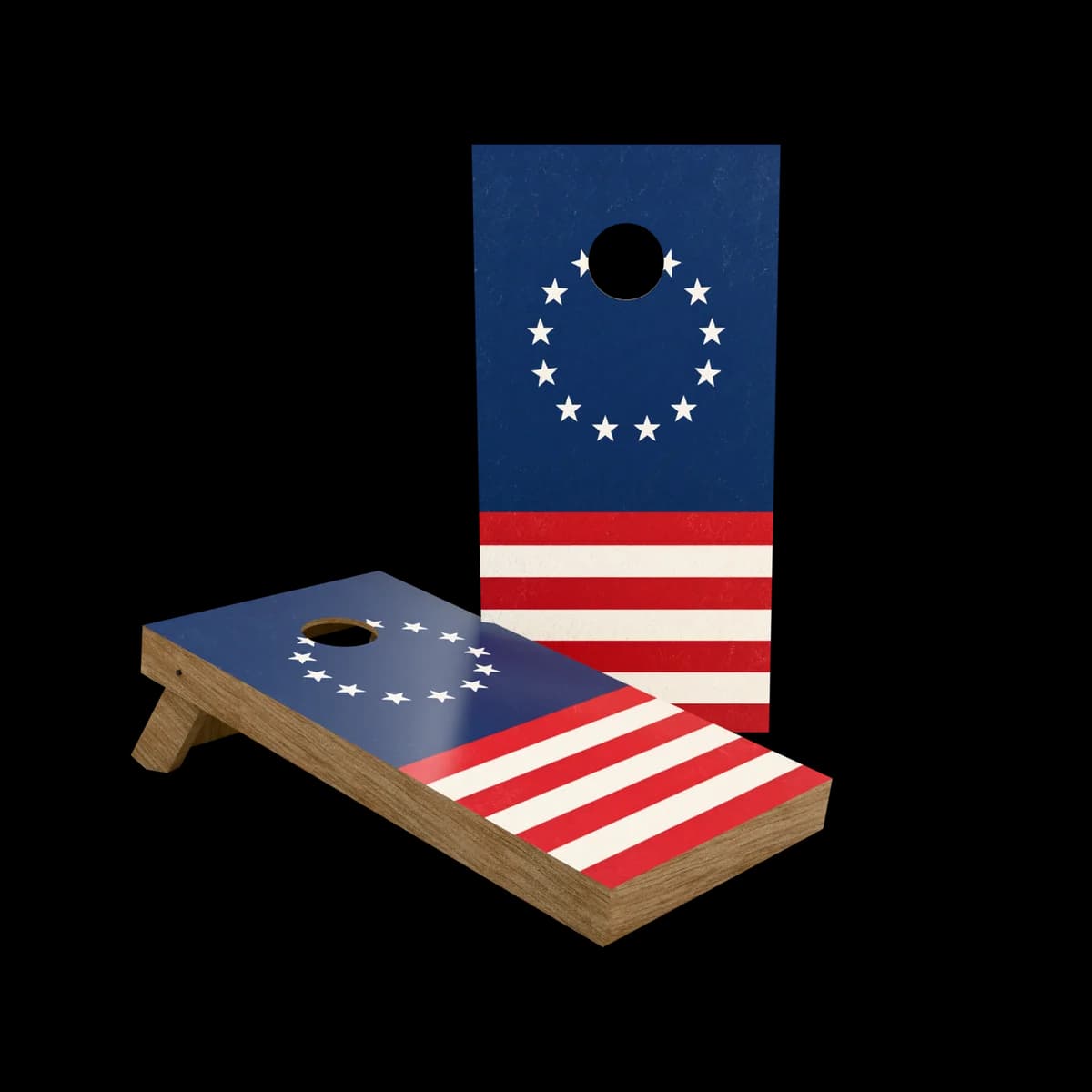 Studio render of a backyard cornhole set with a colonial stars printed artwork face, one board standing and one set up for play