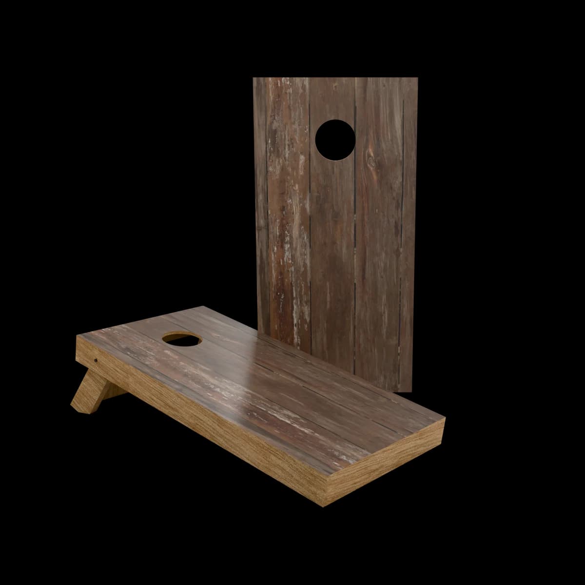 Studio render of a regulation cornhole set with an end grain printed playing surface, one board standing and one set up for play