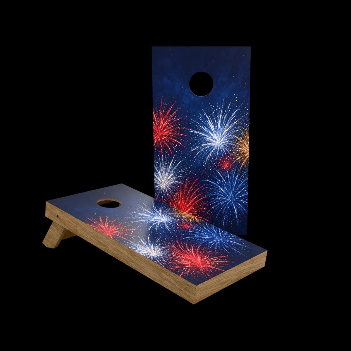 Studio render of a regulation cornhole set with a firework sky printed artwork face, one board standing and one set up for play