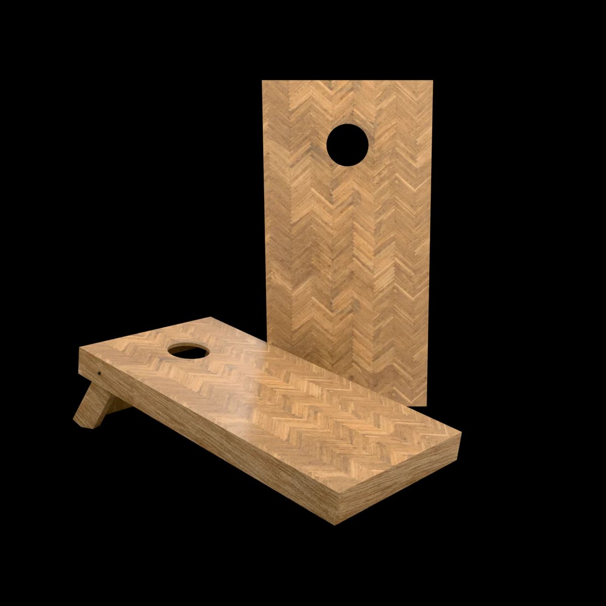 Studio render of a regulation cornhole set with a herringbone printed playing surface, one board standing and one set up for play