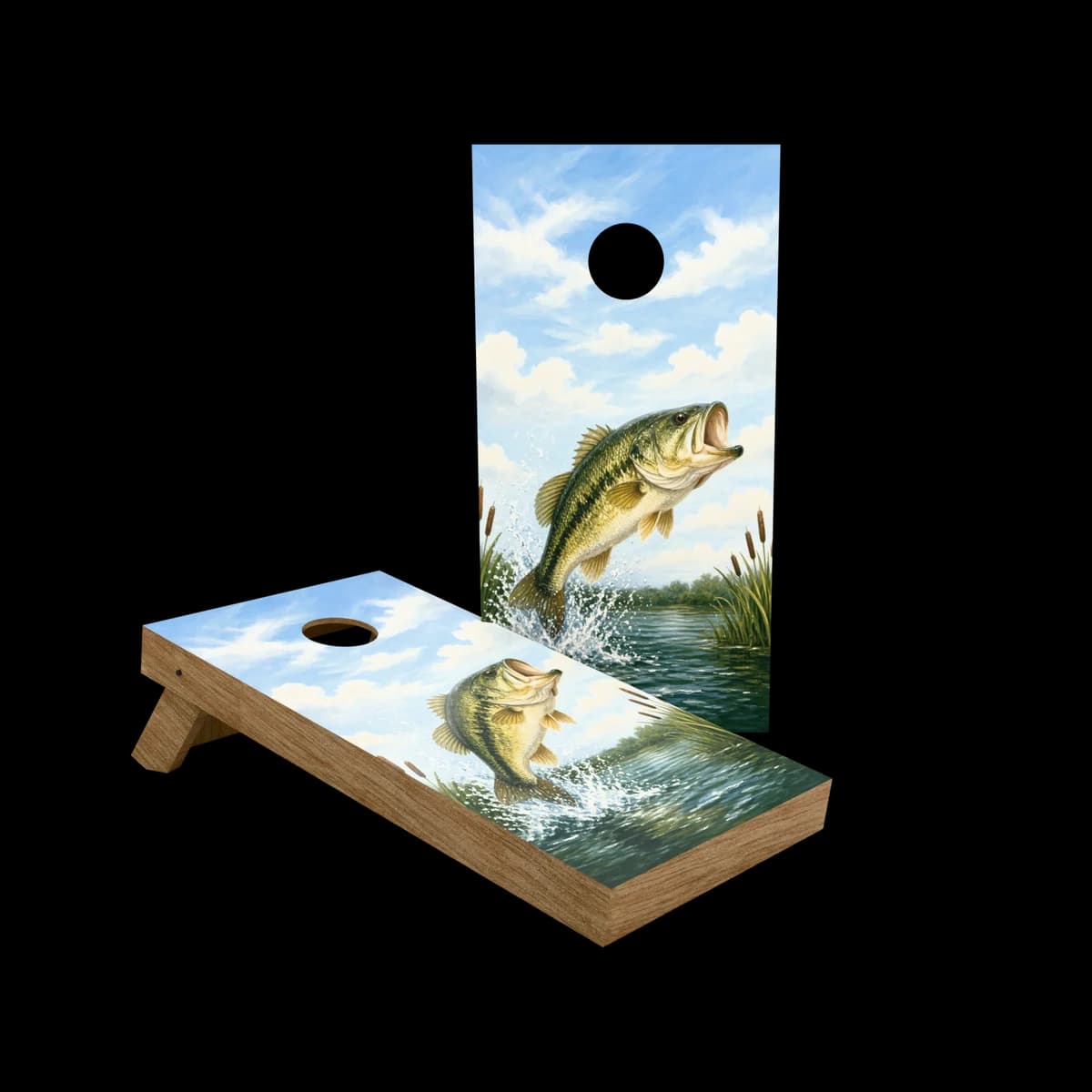 Studio render of a regulation cornhole set with a leaping bass printed artwork face, one board standing and one set up for play
