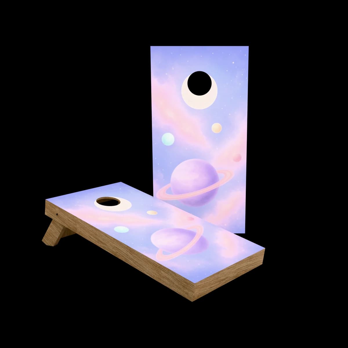 Studio render of a regulation cornhole set with a lilac orbit printed artwork face, one board standing and one set up for play