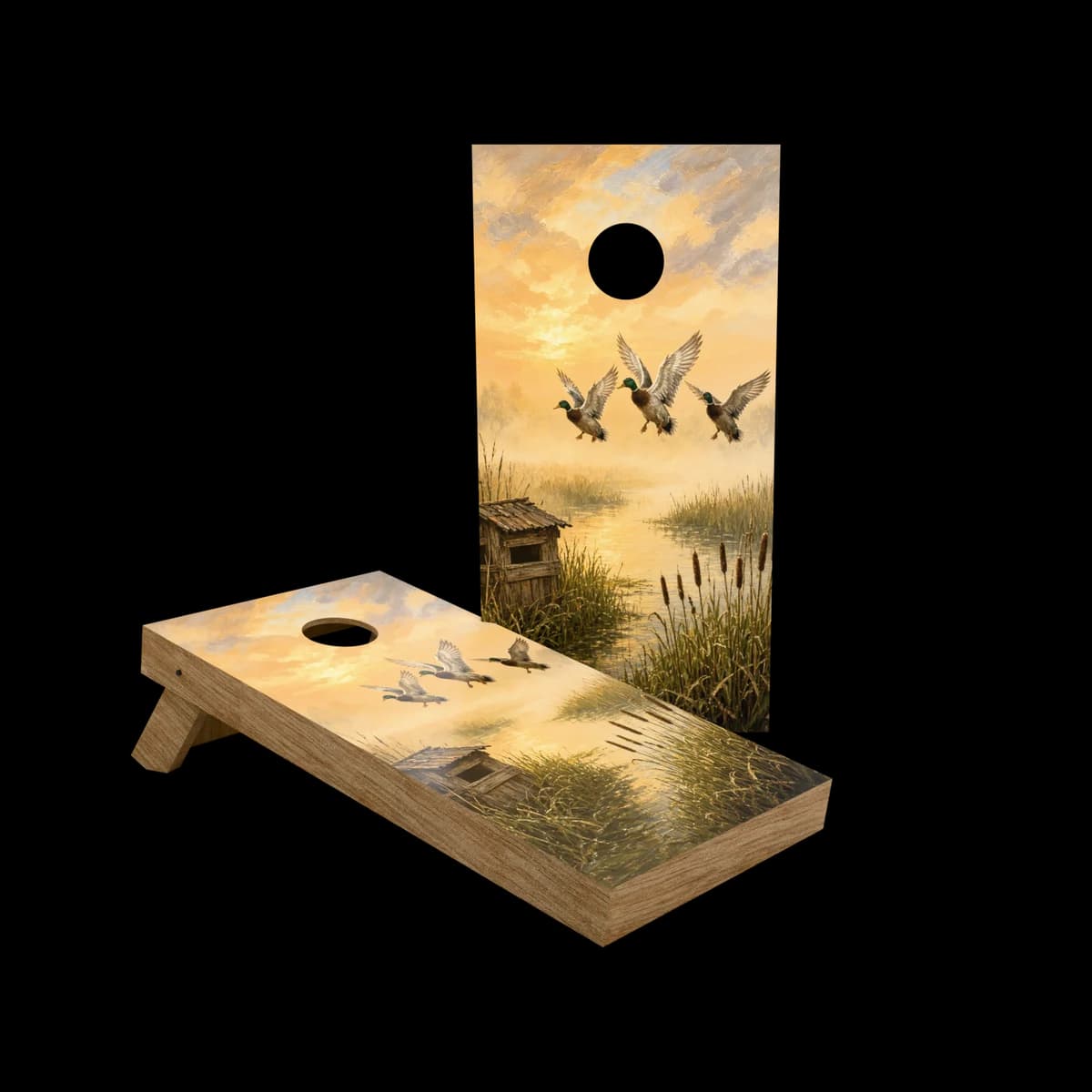 Studio render of a regulation cornhole set with a marsh rise printed artwork face, one board standing and one set up for play