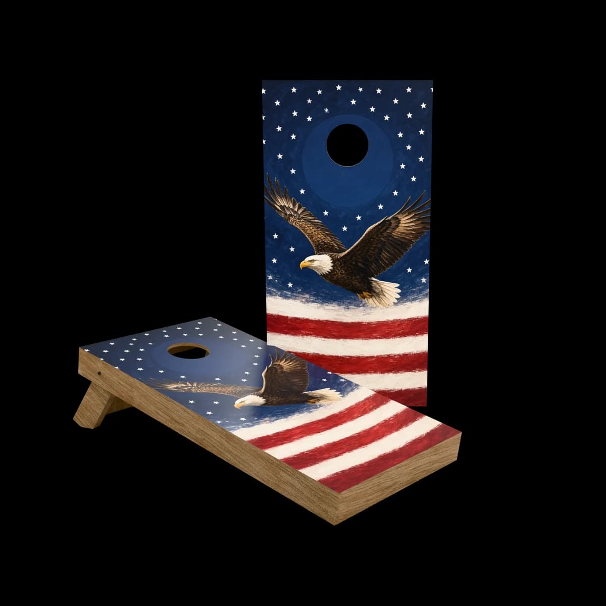 Studio render of a backyard cornhole set with a midnight eagle printed artwork face, one board standing and one set up for play