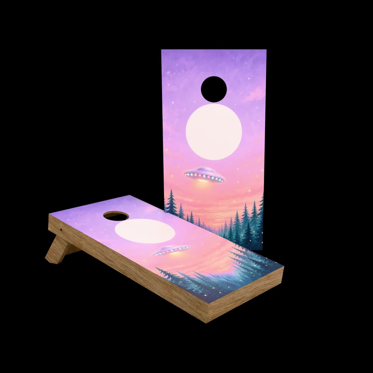 Studio render of a regulation cornhole set with a night bloom printed artwork face, one board standing and one set up for play