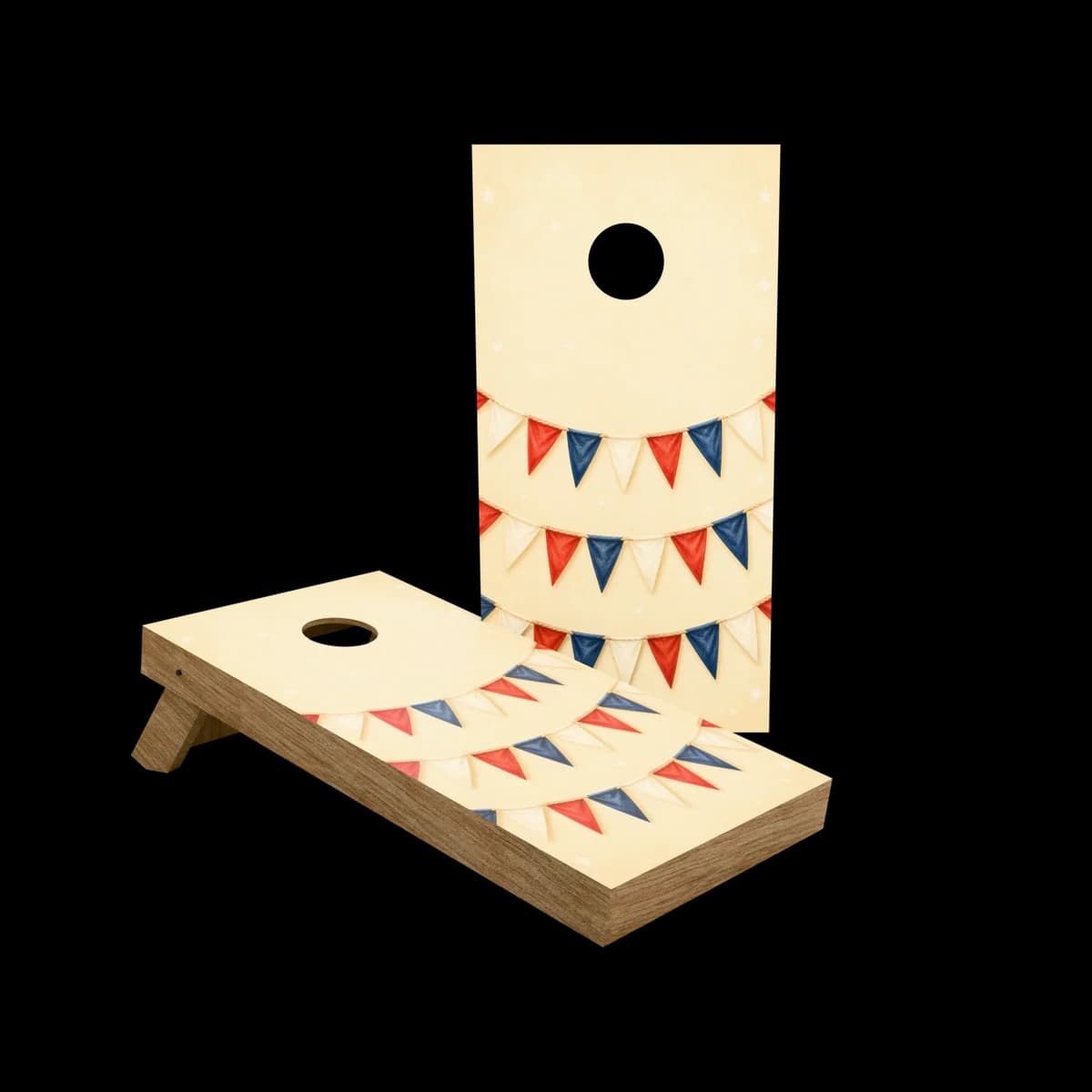 Studio render of a regulation cornhole set with a parade bunting printed artwork face, one board standing and one set up for play