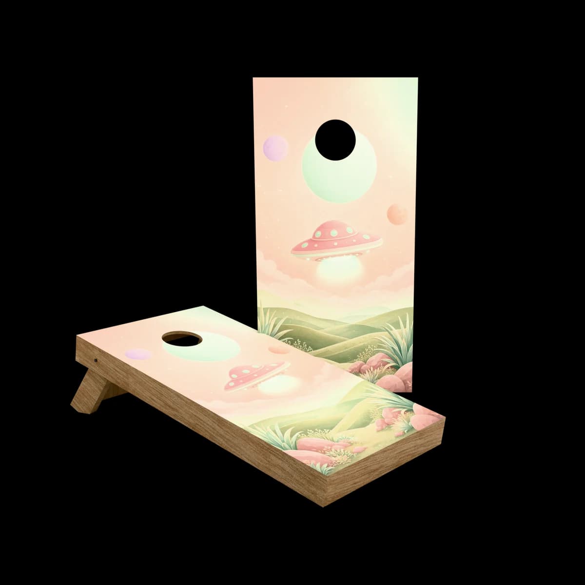 Studio render of a regulation cornhole set with a pastel saucer printed artwork face, one board standing and one set up for play
