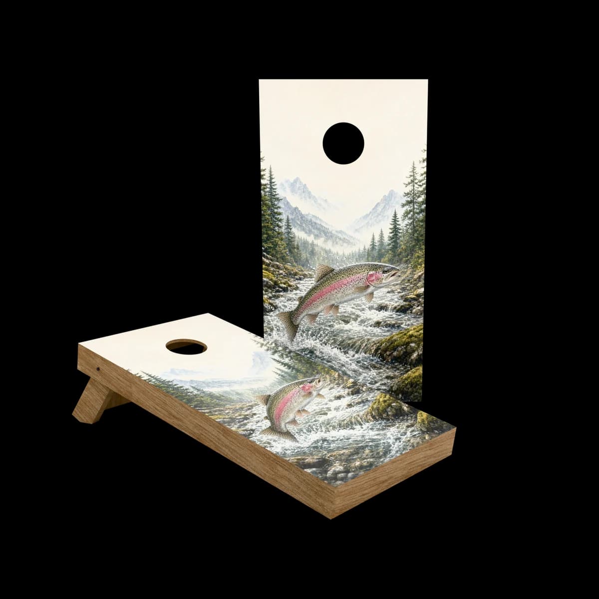 Studio render of a regulation cornhole set with a river trout printed artwork face, one board standing and one set up for play