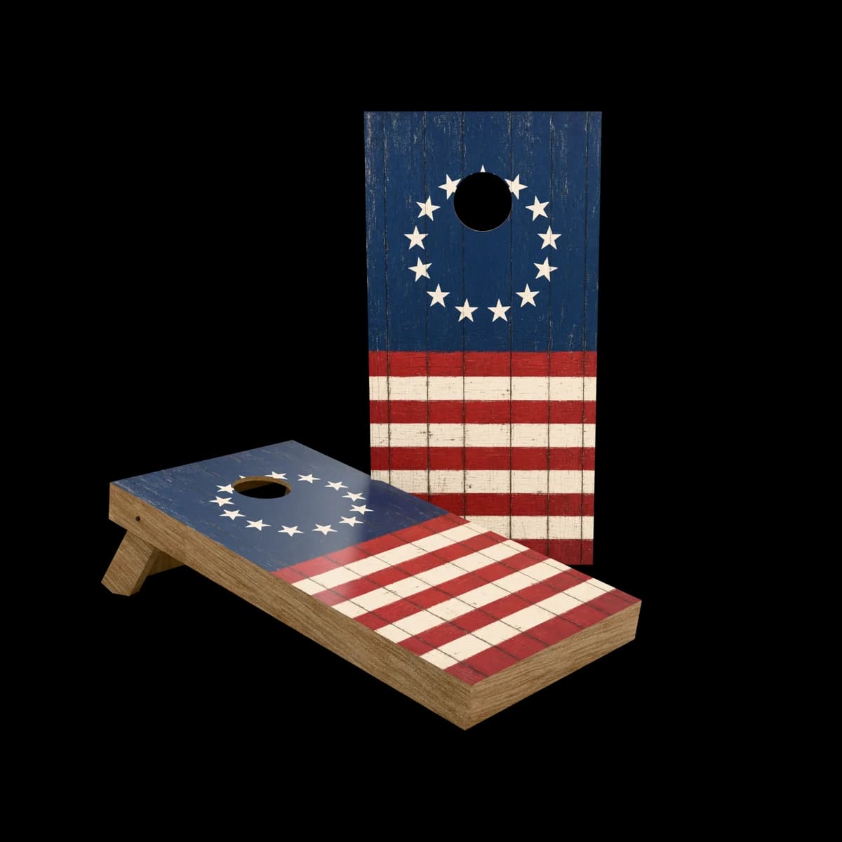 Studio render of a regulation cornhole set with a starfield banner printed artwork face, one board standing and one set up for play