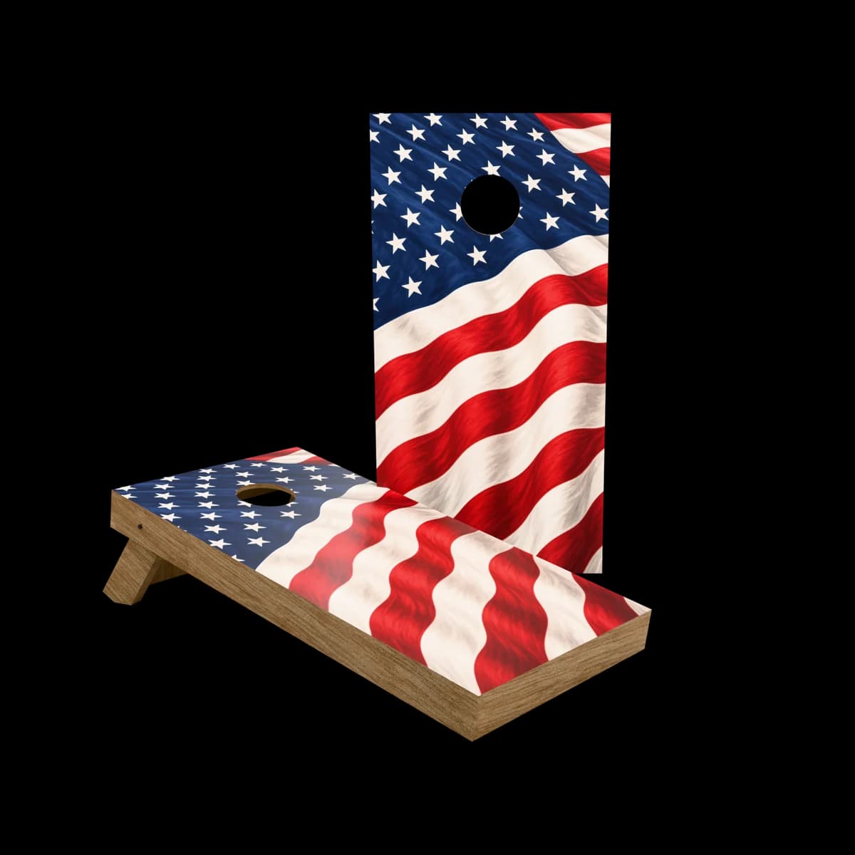 Studio render of a regulation cornhole set with a waving glory printed artwork face, one board standing and one set up for play