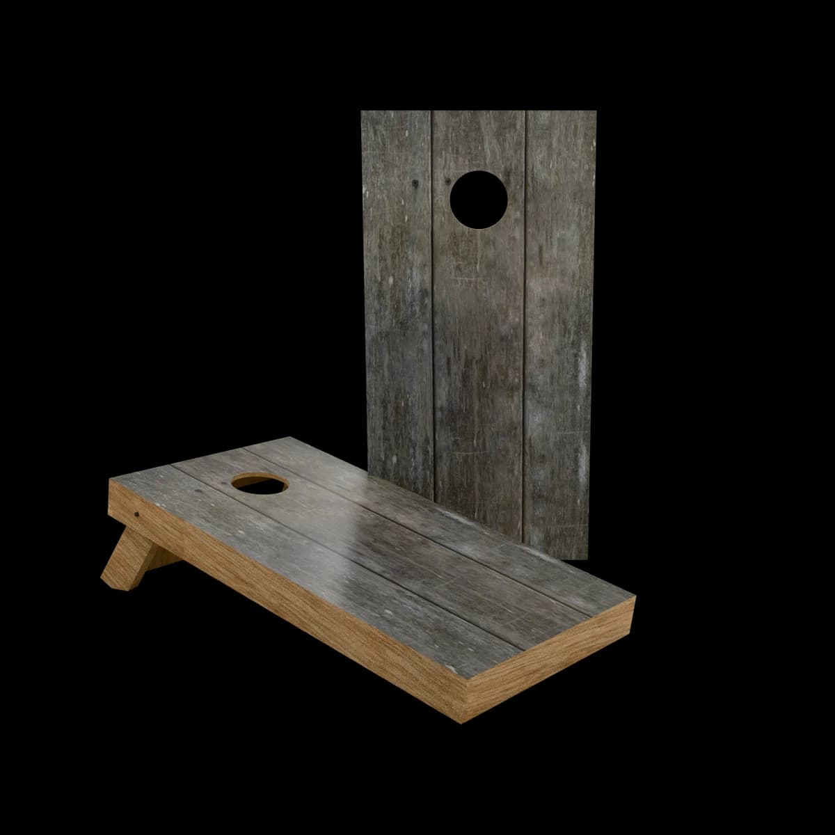 Studio render of a regulation cornhole set with a weathered gray printed playing surface, one board standing and one set up for play