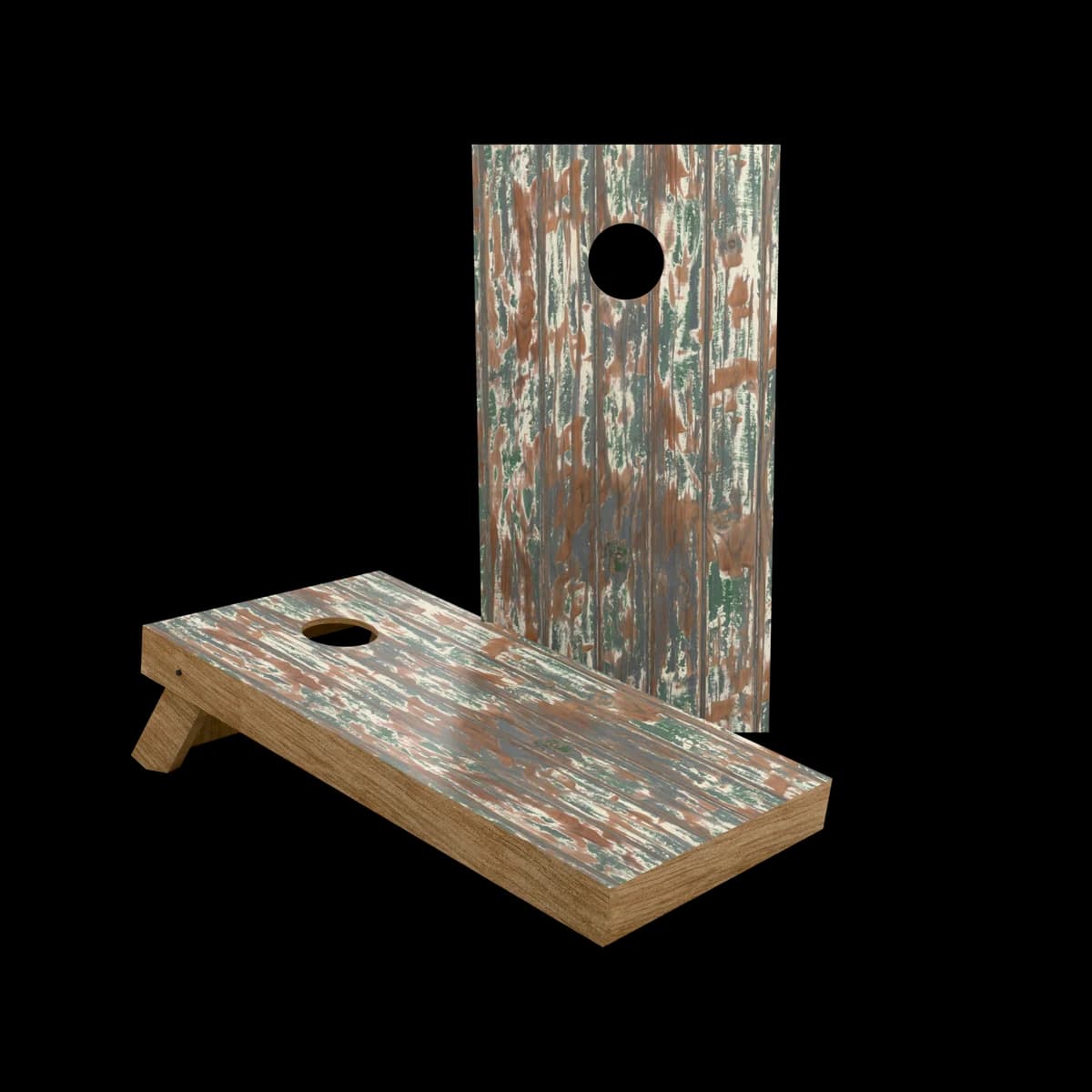 Studio render of a regulation cornhole set with a weathered peeling timber printed playing surface, one board standing and one set up for play