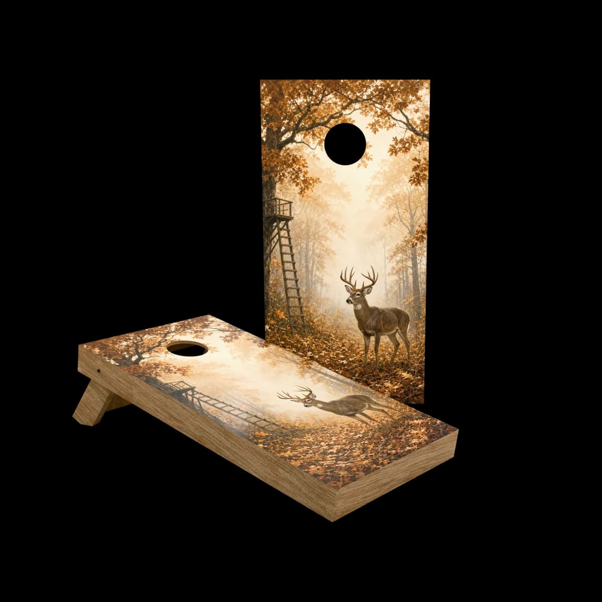 Studio render of a regulation cornhole set with a whitetail ridge printed artwork face, one board standing and one set up for play