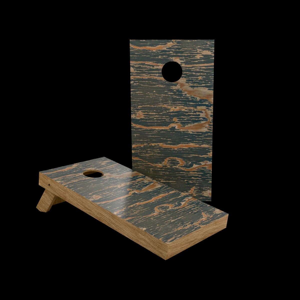 Studio render of a regulation cornhole set with a wood peeling paint weathered printed playing surface, one board standing and one set up for play