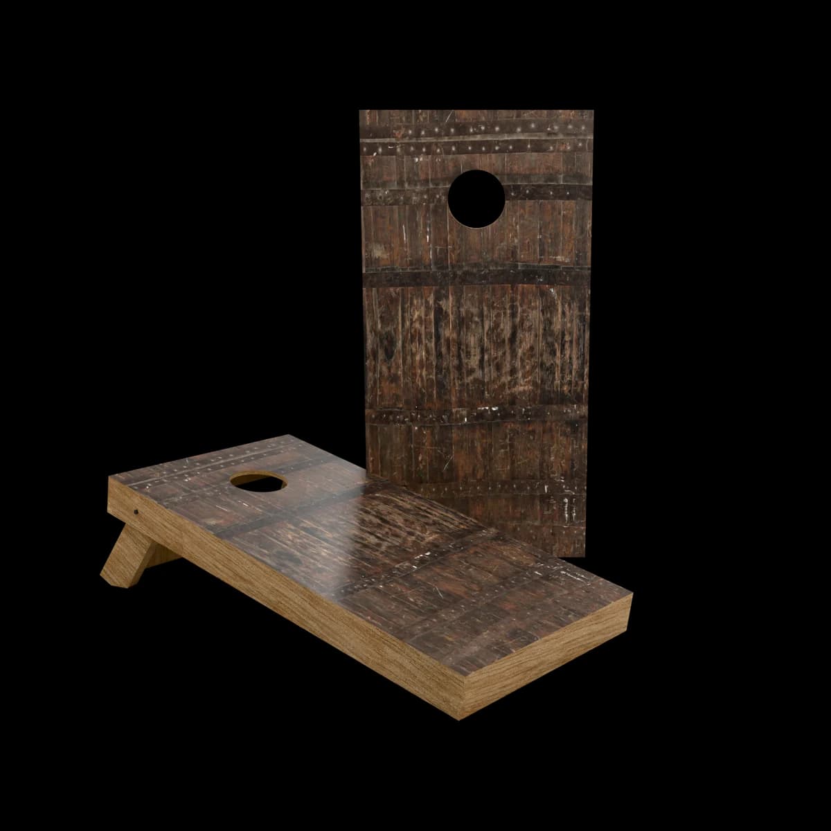 Studio render of a regulation cornhole set with a wooden barrel printed playing surface, one board standing and one set up for play