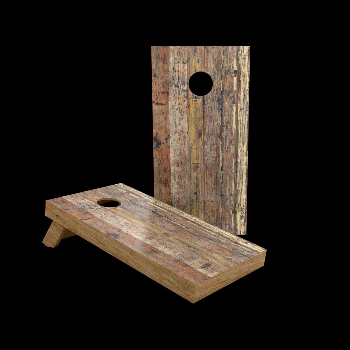 Studio render of a regulation cornhole set with a worn planks printed playing surface, one board standing and one set up for play